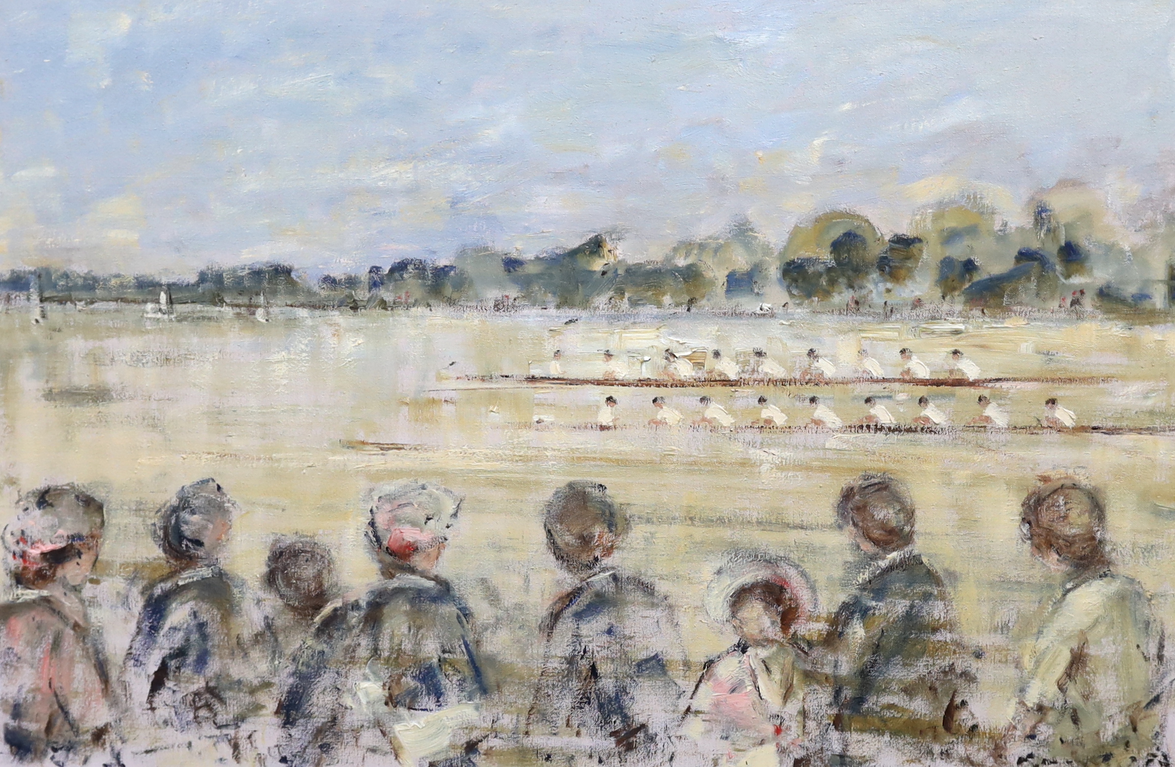 Walter John Beauvais (English, 1942-1998), oil on canvas, Figures watching the Oxford and Cambridge boat race, signed and dated '73, 49 x 75cm